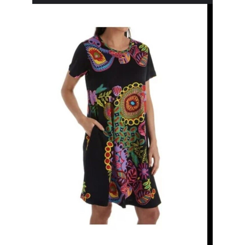 La Cera Dress Womens Large Black Colorful‎ Floral Cotton Knit A Line Pockets